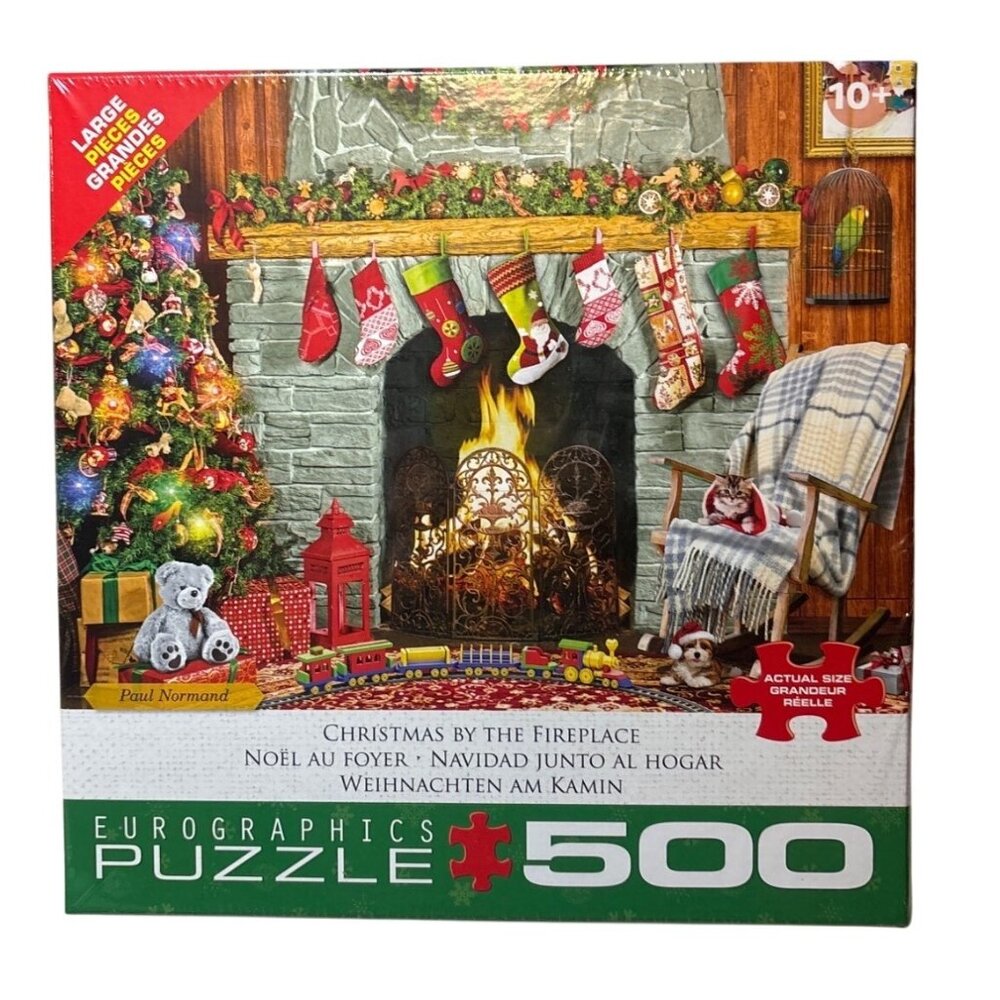 Puzzle Christmas By The Fireplace 500 Piece Holiday Stockings Cat Presents NEW